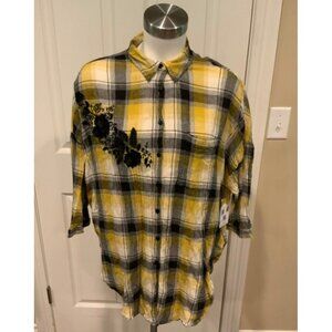 Maeve Anthropologie Yellow & Black Plaid Oversized Button-Up Tunic Shirt Sz XS/S